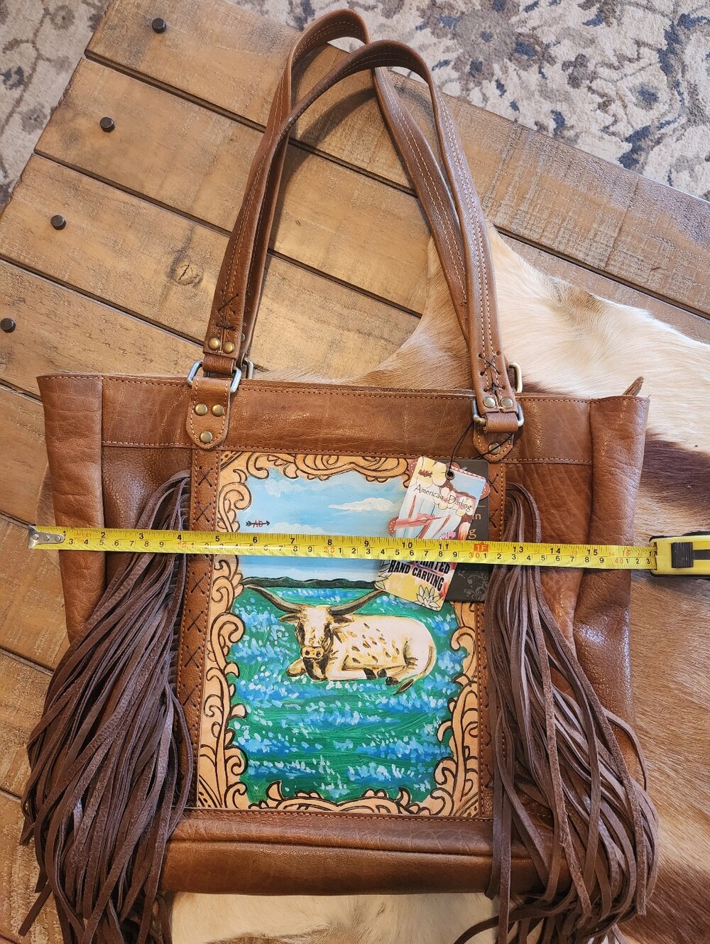 Hand-Painted Leather Fringe Tote Bag - Brown with Scenic Panel - Picture 3 of 5